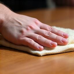 Main appliquant une finition à l'huile sur une surface de mobilier en bois