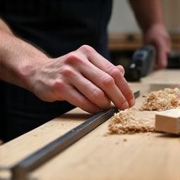 Artisan mesurant et coupant une pièce de bois avec précision dans l'atelier