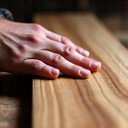 Main d'artisan caressant une planche de bois brut, détail du grain