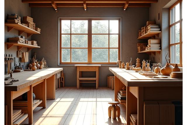 Intérieur lumineux d'un atelier d'ébénisterie, avec des outils traditionnels et du bois brut