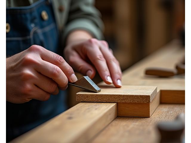 Détail des mains d'un artisan travaillant le bois avec des outils traditionnels